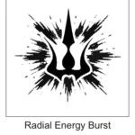 Black tribal Trishul trident surrounded by dynamic radial ink bursts