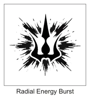 Black tribal Trishul trident surrounded by dynamic radial ink bursts