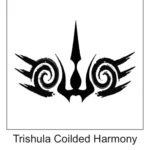 Symmetrical Trishula trident flanked by coiled spiral flourishes and wing motifs