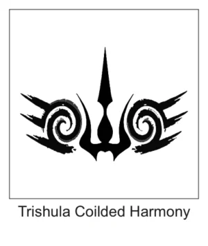 Symmetrical Trishula trident flanked by coiled spiral flourishes and wing motifs