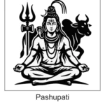 Meditating Lord Shiva in lotus pose with Trishul Damru and Nandi bull background
