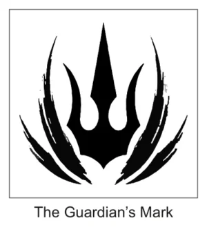 Bold tribal trident shield tattoo with sharp curved crescent borders