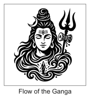 Lord Shiva portrait with flowing hair, holy river Ganga goddess, and Trishul Damru