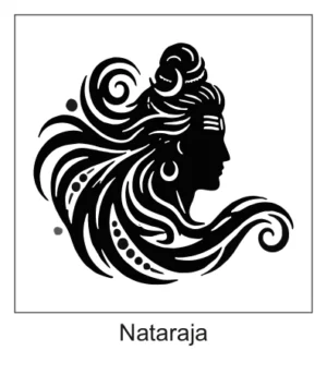 Black silhouette profile portrait of Lord Shiva Nataraja with sweeping dynamic hair and crescent moon