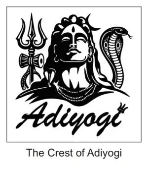Adiyogi bust portrait with Third Eye, cobra hood, Rudraksha beads, Trishul Damru, and Adiyogi typography