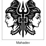 Symmetrical dual face profiles of Lord Shiva facing outward from a central Trishul and Damru