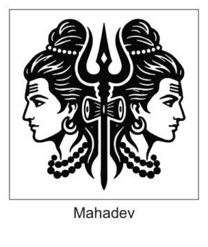 Symmetrical dual face profiles of Lord Shiva facing outward from a central Trishul and Damru