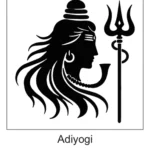 Black silhouette side profile of Adiyogi Shiva with flowing hair, necklace, and tall Trishul wrapped by snake