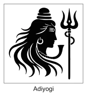 Black silhouette side profile of Adiyogi Shiva with flowing hair, necklace, and tall Trishul wrapped by snake