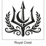 Emblematic Trishul trident centered with a crescent moon and framed by laurel branch wreaths and scrollwork