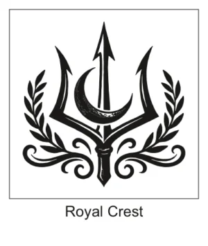 Emblematic Trishul trident centered with a crescent moon and framed by laurel branch wreaths and scrollwork