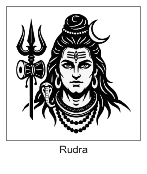 Frontal portrait of Lord Shiva with intense gaze, cobra around neck, crescent moon, and Trishul with Damru