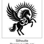 Rearing winged Pegasus horse silhouette with Om symbol on flank and radiating sun burst halo