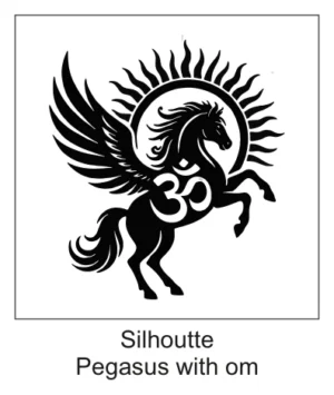 Rearing winged Pegasus horse silhouette with Om symbol on flank and radiating sun burst halo