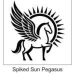 Black silhouette of a Pegasus with outstretched feathered wings standing in front of a spiked sun aura halo.