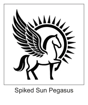 Black silhouette of a Pegasus with outstretched feathered wings standing in front of a spiked sun aura halo.