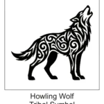 Black tribal art howling wolf silhouette with intricate scrollwork, swirls, and line patterns throughout its body.