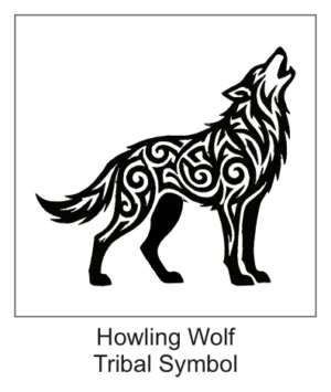 Black tribal art howling wolf silhouette with intricate scrollwork, swirls, and line patterns throughout its body.
