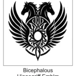 Symmetrical heraldic emblem featuring two opposing horse heads with large sweeping wings around a central sun medallion.