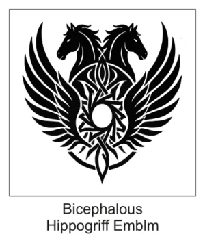 Symmetrical heraldic emblem featuring two opposing horse heads with large sweeping wings around a central sun medallion.