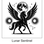 Black Pegasus standing under a full moon with starry constellations and two crescent sun emblems on either side.