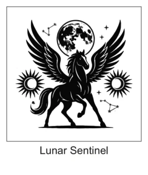 Black Pegasus standing under a full moon with starry constellations and two crescent sun emblems on either side.