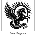 Black rearing Pegasus silhouette with a flowing mane and tail in front of a flaming sun ring aura.