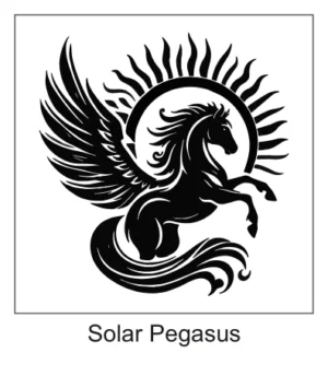 Black rearing Pegasus silhouette with a flowing mane and tail in front of a flaming sun ring aura.