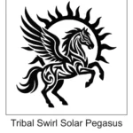 Tribal pattern rearing Pegasus with flame-like body cutouts leaping in front of a sunburst halo