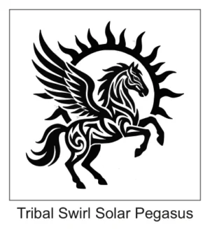 Tribal pattern rearing Pegasus with flame-like body cutouts leaping in front of a sunburst halo