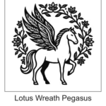 Winged Pegasus horse standing gracefully inside a circular wreath made of lotus flowers and leafy vines.