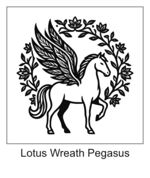 Winged Pegasus horse standing gracefully inside a circular wreath made of lotus flowers and leafy vines.