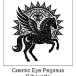 Black silhouette Pegasus filled with stars and crescent moon standing in front of an All-Seeing Eye sun medallion.