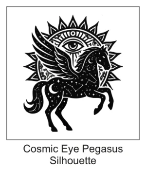 Black silhouette Pegasus filled with stars and crescent moon standing in front of an All-Seeing Eye sun medallion.