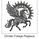Intricate ornate winged Pegasus filled with filigree and foliage patterns in front of a decorative sun halo.