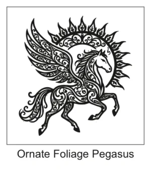 Intricate ornate winged Pegasus filled with filigree and foliage patterns in front of a decorative sun halo.