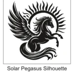Solid black silhouette of a rearing winged Pegasus horse in front of a sunburst ring with flame rays.