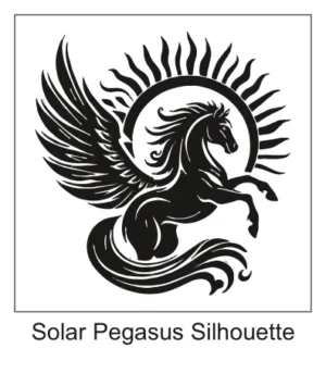 Solid black silhouette of a rearing winged Pegasus horse in front of a sunburst ring with flame rays.