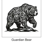 Powerful black tribal bear silhouette filled with swirling line art and scrollwork walking across a rocky ground.