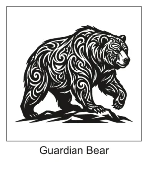 Powerful black tribal bear silhouette filled with swirling line art and scrollwork walking across a rocky ground.