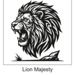 Roaring male lion head portrait with a sharp mane of flame-like tribal spikes.