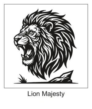 Roaring male lion head portrait with a sharp mane of flame-like tribal spikes.