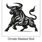 Charging black bull silhouette decorated with internal tribal flame cutouts and curved horns.