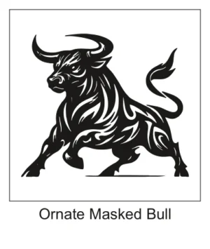 Charging black bull silhouette decorated with internal tribal flame cutouts and curved horns.