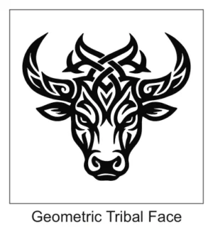 Symmetrical front-facing bull head with woven tribal knotwork between its horns