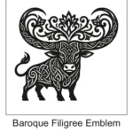 Standing bull with massive sweeping horns transformed into an elaborate baroque filigree crest.