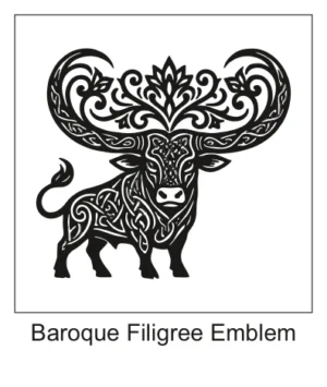Standing bull with massive sweeping horns transformed into an elaborate baroque filigree crest.