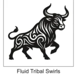 Charging bull silhouette filled with smooth, fluid tribal waves and swirl patterns.
