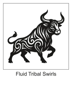 Charging bull silhouette filled with smooth, fluid tribal waves and swirl patterns.