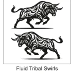 Two charging bulls in tribal swirl style layered above and below each other facing opposite directions.